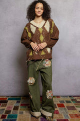 POL V-Neck Argyle Pattern Mohair Sweater with Contrast Exposed Stitch Detail - Trendsi - Flyclothing LLC