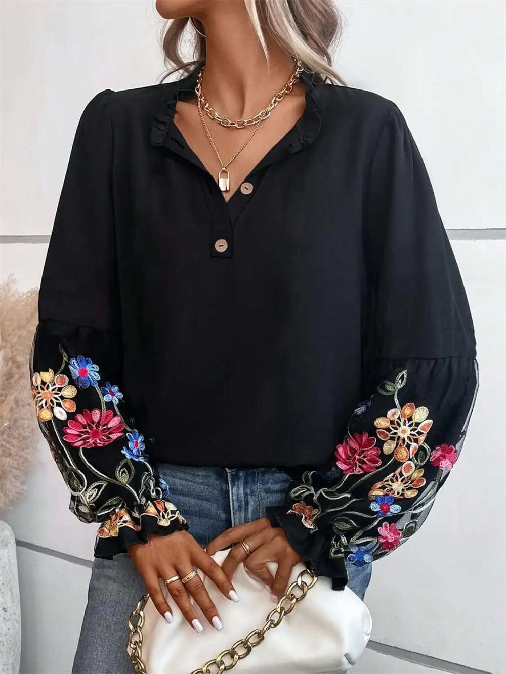 Embroidered Notched Long Sleeve Blouse - Trendsi - Flyclothing LLC