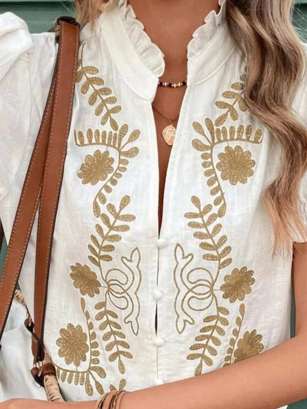 Embroidered Frill Notched Short Sleeve Blouse - Trendsi - Flyclothing LLC