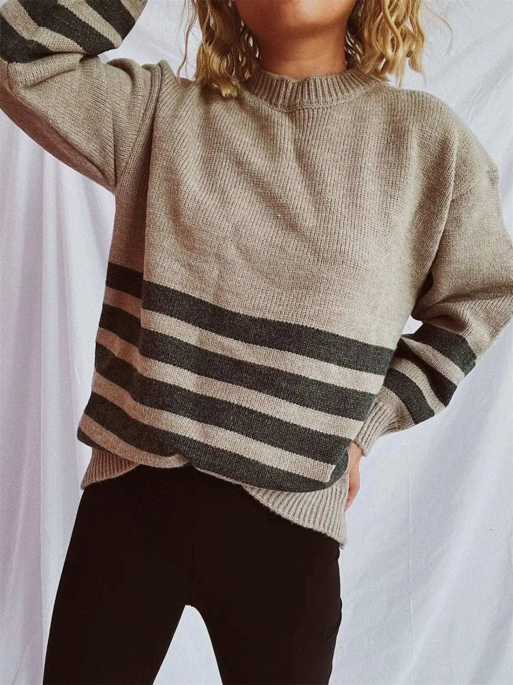 Striped Dropped Shoulder Long Sleeve Sweater - Trendsi - Flyclothing LLC