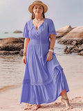 Plus Size Lace Detail Tie Neck Short Sleeve Maxi Dress - Trendsi - Flyclothing LLC