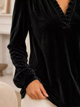 V-Neck Ruffle Trim Velvet Blouse - Trendsi - Flyclothing LLC