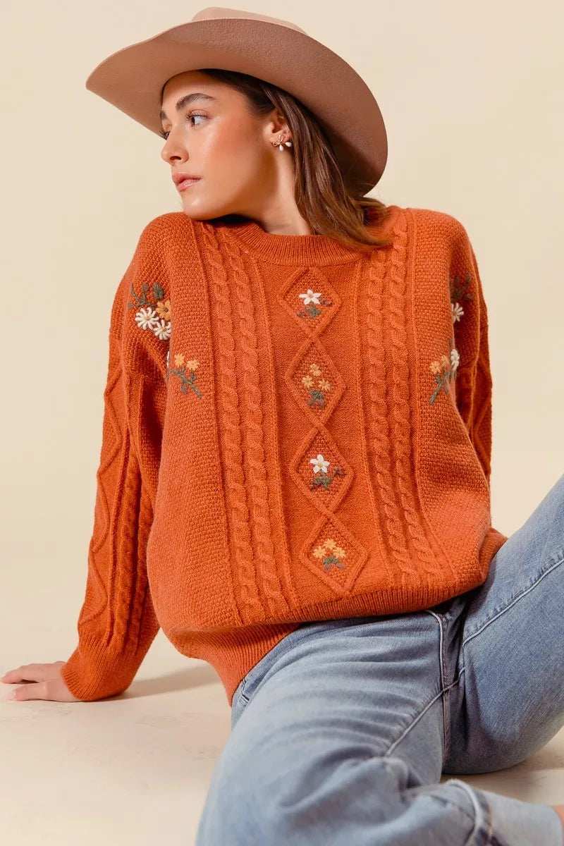 SO ME Embroidered Flower Cable Knitted Sweater - Trendsi - Flyclothing LLC