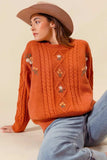 SO ME Embroidered Flower Cable Knitted Sweater - Trendsi - Flyclothing LLC
