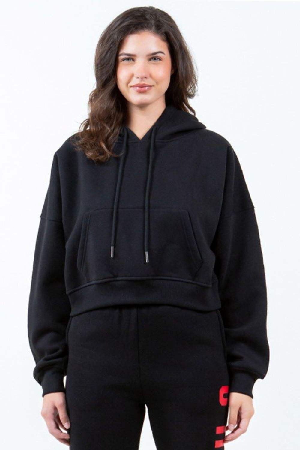 American Bazi Letter Graphic Long Sleeve Drawstring Cropped Hoodie - Trendsi - Flyclothing LLC