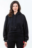 American Bazi Letter Graphic Long Sleeve Drawstring Cropped Hoodie - Trendsi