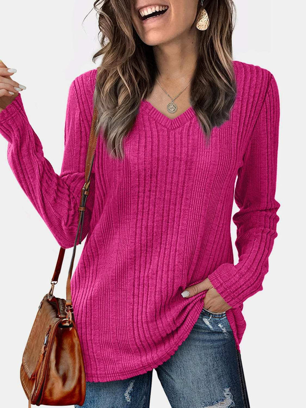 V-Neck Long Sleeve T-Shirt - Trendsi - Flyclothing LLC