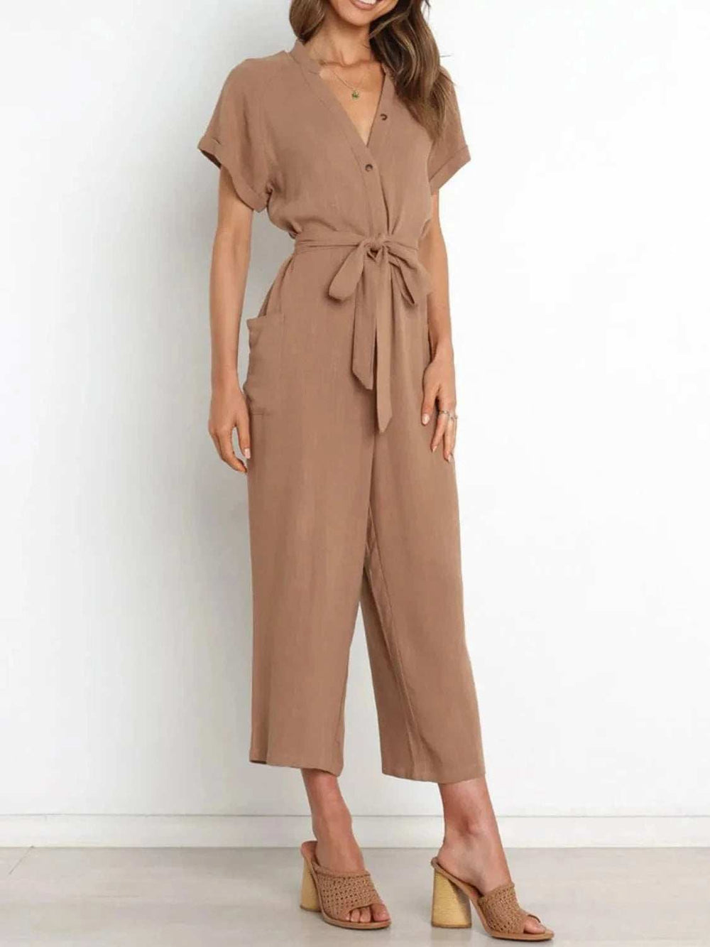 Notched Short Sleeve Tie Waist Jumpsuit - Trendsi - Flyclothing LLC