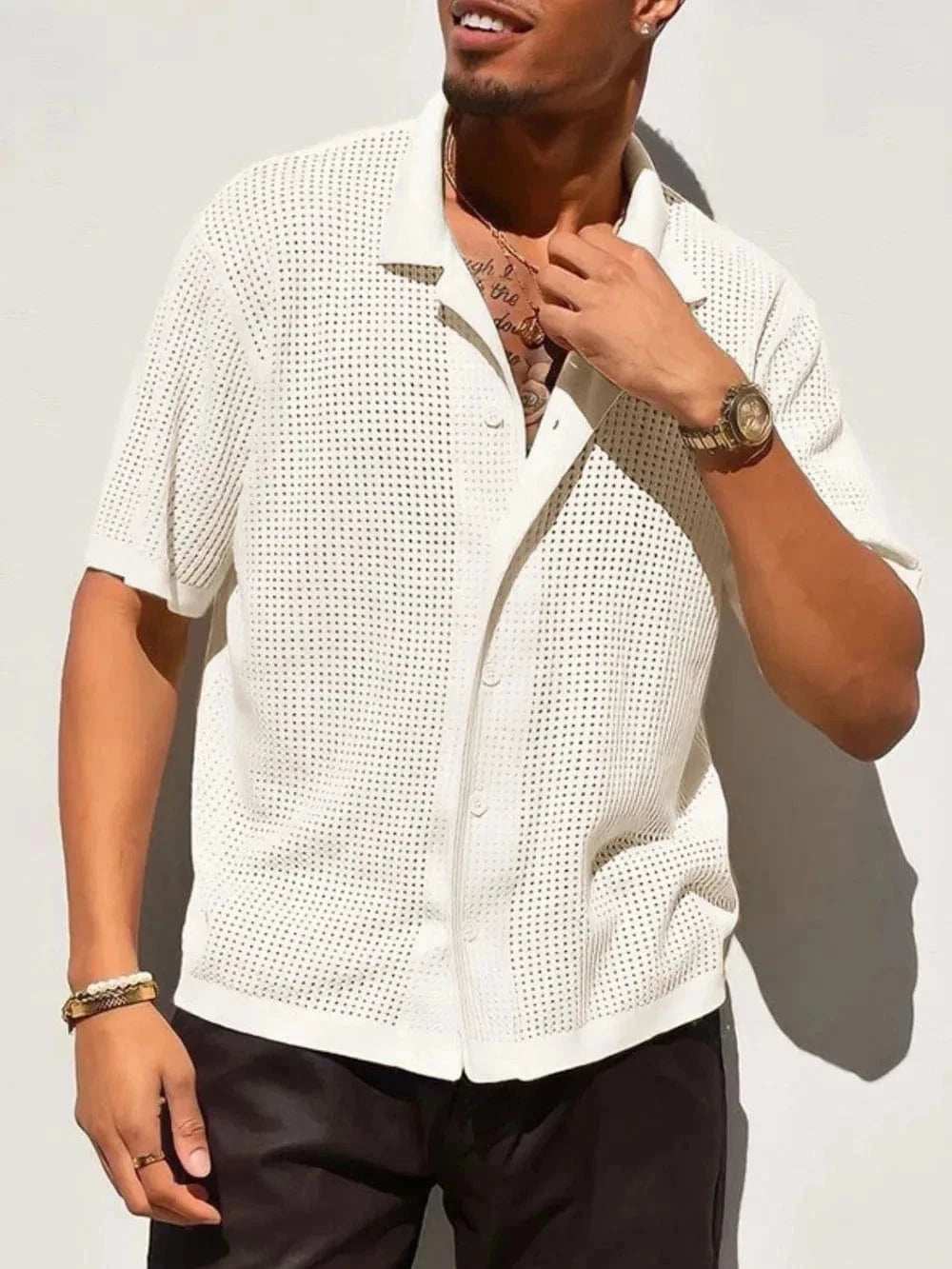 Men's Full Size Openwork Button Down Collared Neck Shirt Plus Size - Trendsi - Flyclothing LLC