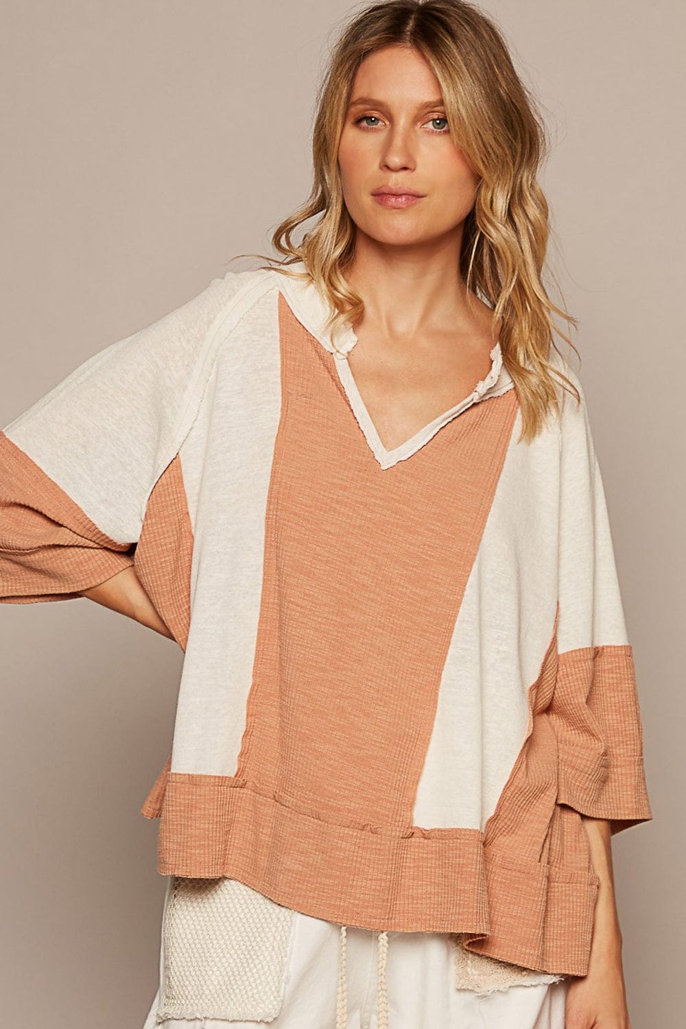 POL Notched Frayed Edge Contrast Top - Trendsi