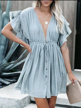 Drawstring Ruffled Half Sleeve Mini Dress - Trendsi - Flyclothing LLC