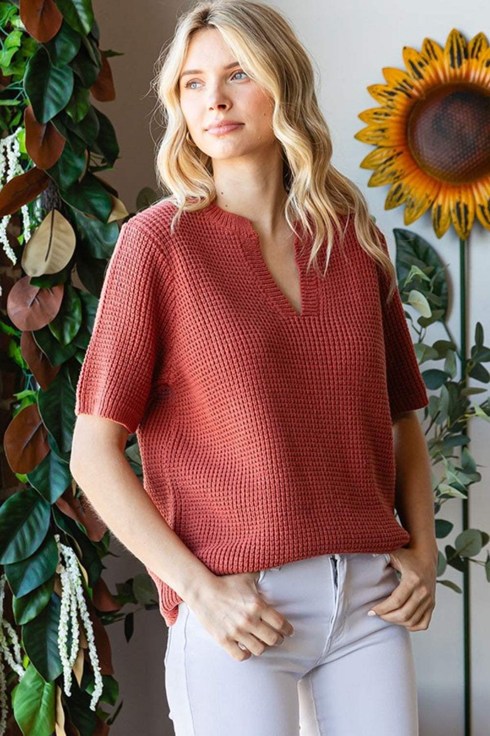 First Love Notched Short Sleeve Knit Top - Trendsi - Flyclothing LLC