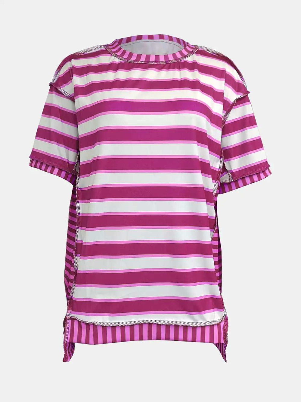 Full Size Contrast Stitching Striped Round Neck T-Shirt - Trendsi - Flyclothing LLC