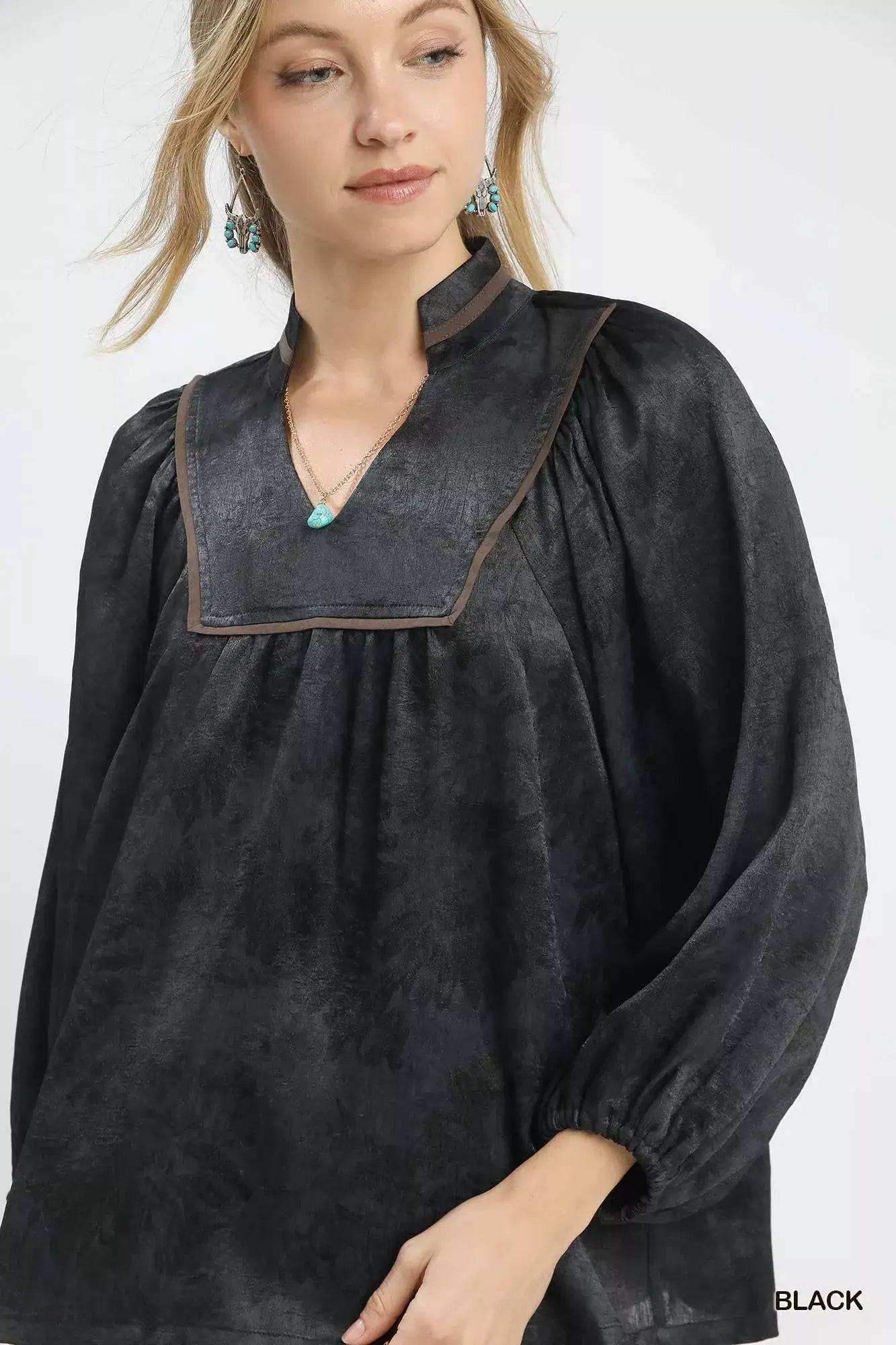 Umgee Crinkle Brocade Long Sleeve Blouse - Trendsi - Flyclothing LLC