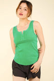 VERY J Washed Ribbed Tank with Placket Detail - Trendsi
