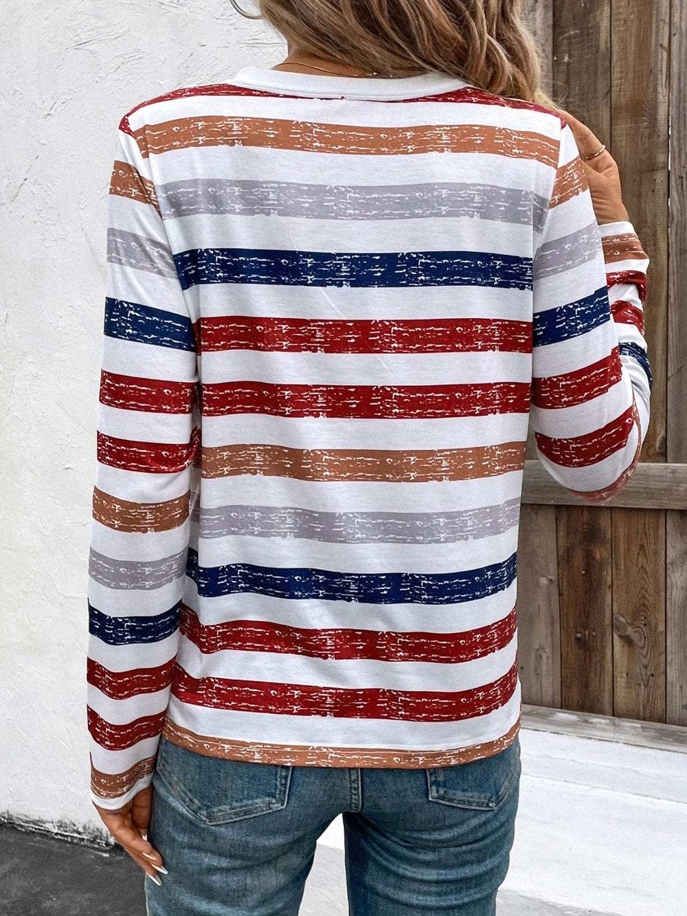 Contrast Striped V-Neck Long Sleeve T-Shirt - Trendsi - Flyclothing LLC