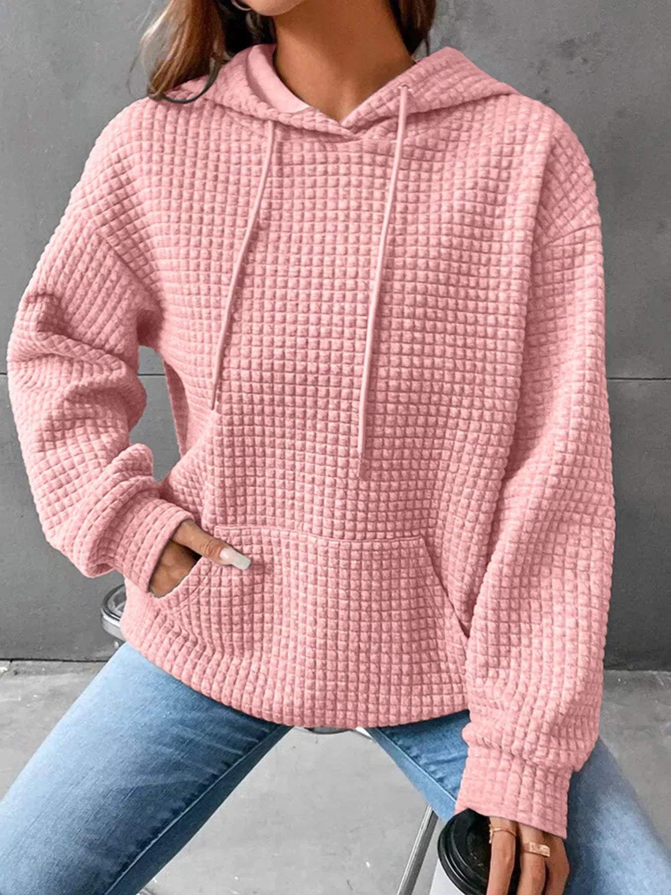 Full Size Textured Kangaroo Pocket Hoodie Plus Size - Trendsi - Flyclothing LLC