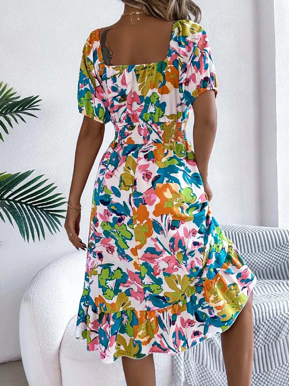 Ruffled Hem Smocked Floral Short Sleeve Midi Dress - Trendsi - Flyclothing LLC