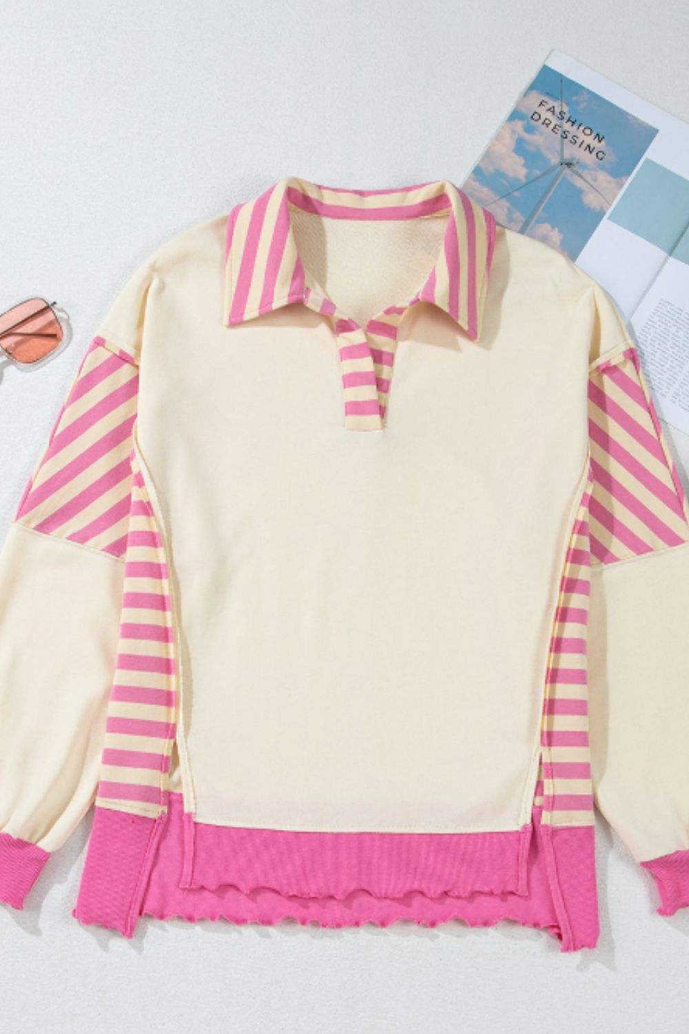 Striped Johnny Collar Long Sleeve Sweatshirt - Trendsi - Flyclothing LLC