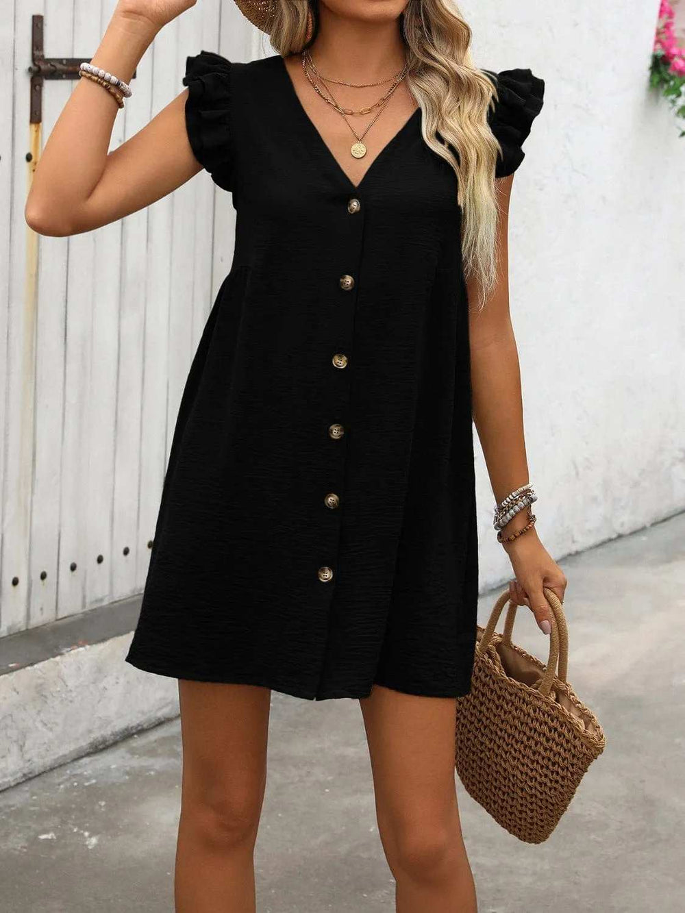 Button Up V-Neck Cap Sleeve Mini Dress - Trendsi - Flyclothing LLC