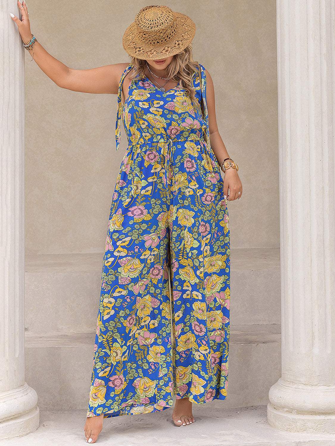 Plus Size Printed V-Neck Wide Leg Jumpsuit - Trendsi - Flyclothing LLC