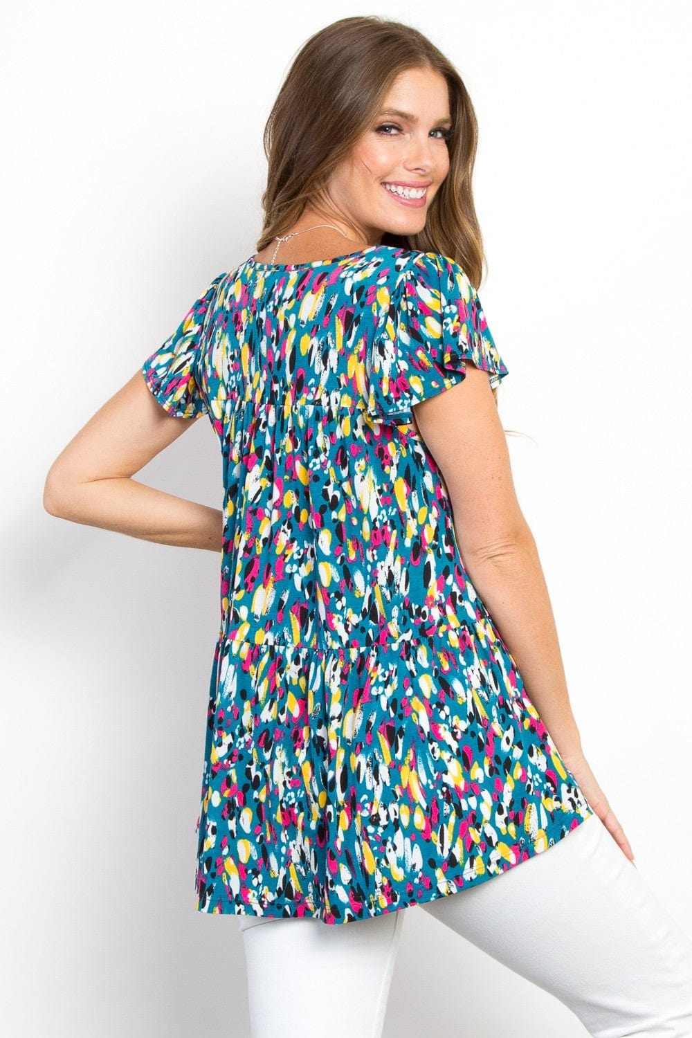 Be Stage Printed Ruffle Sleeve Top - Trendsi