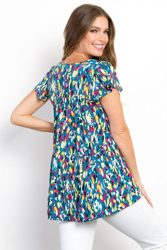 Be Stage Printed Ruffle Sleeve Top - Trendsi