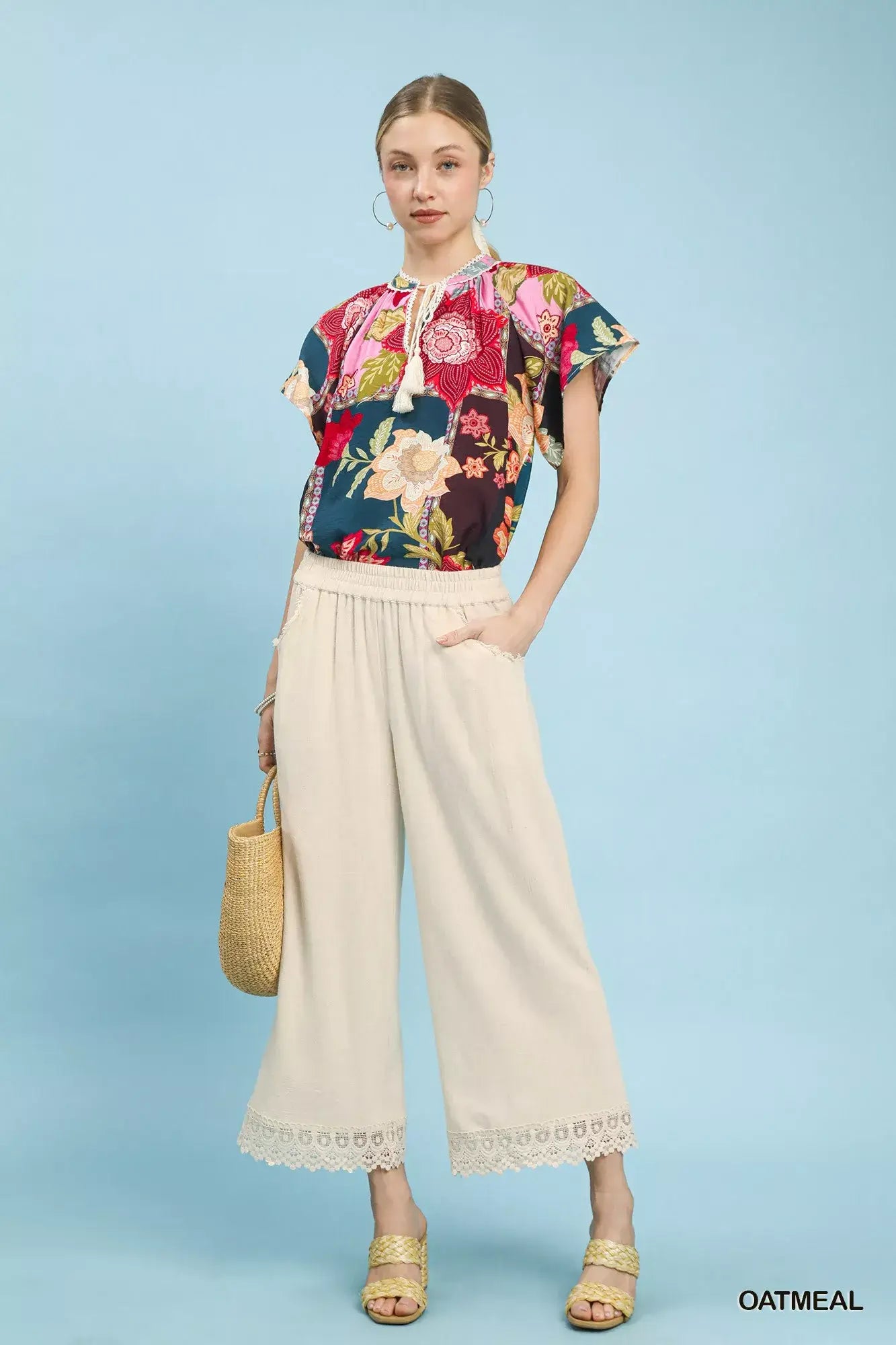 Umgee Linen Wide Leg Cropped Pants with Lace Trim - Trendsi - Flyclothing LLC