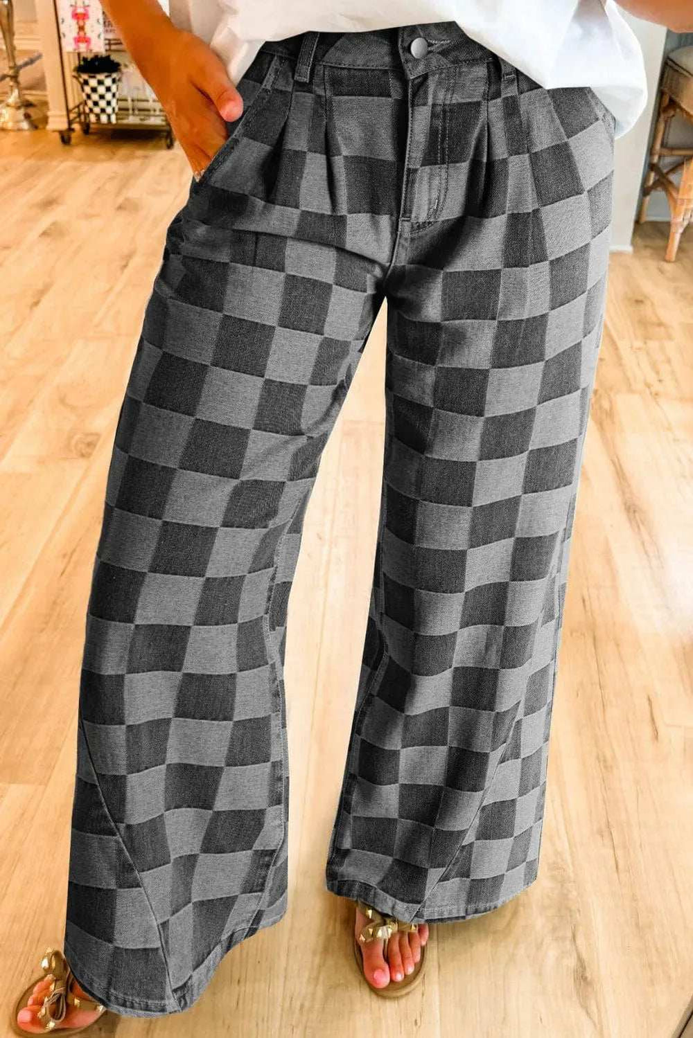 Checkered Wide Leg Jeans with Pockets - Trendsi - Flyclothing LLC