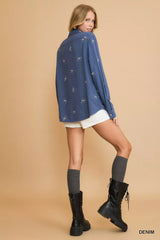 Umgee Linen Blend Fitted Shirt with Ribbon Embroidery Details - Trendsi - Flyclothing LLC