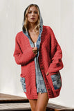 Double Take Full Size Hooded Denim Spliced Sweater Cardigan - Trendsi