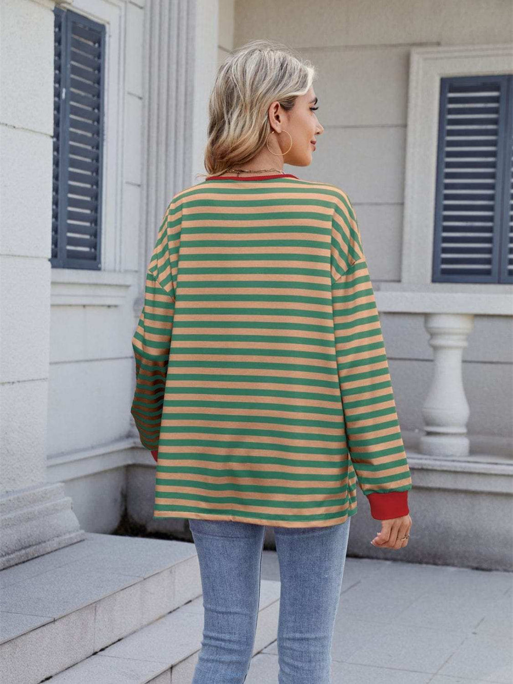 Lace-Up Striped Long Sleeve T-Shirt - Trendsi - Flyclothing LLC