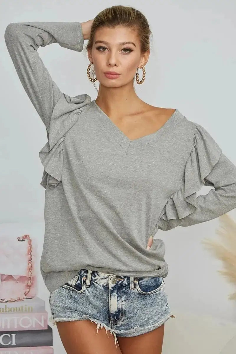 BiBi Triblend V Neck Top with Shoulder Shrring Detail - Trendsi
