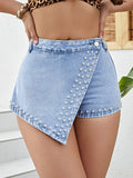 Asymmetrical Studded Denim Shorts - Trendsi