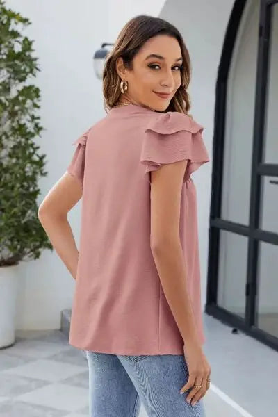 Ruffled Notched Short Sleeve Blouse - Trendsi - Flyclothing LLC
