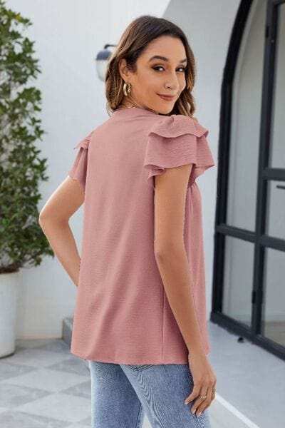 Ruffled Notched Short Sleeve Blouse - Trendsi - Flyclothing LLC