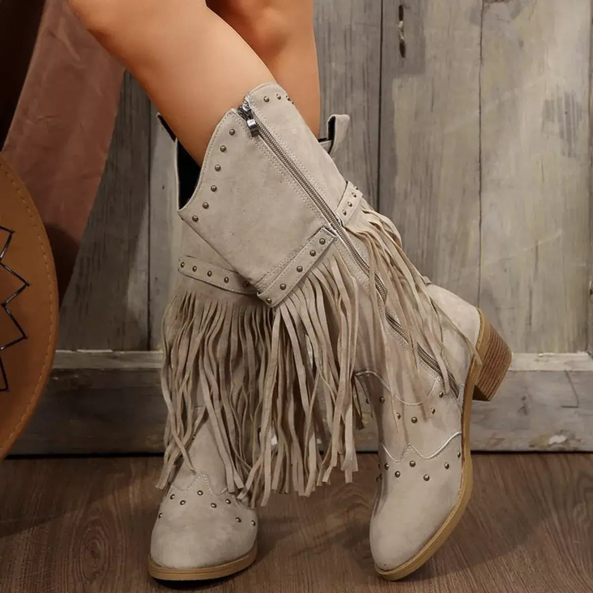 Fringe Point Toe Block Heels Boots - Trendsi - Flyclothing LLC