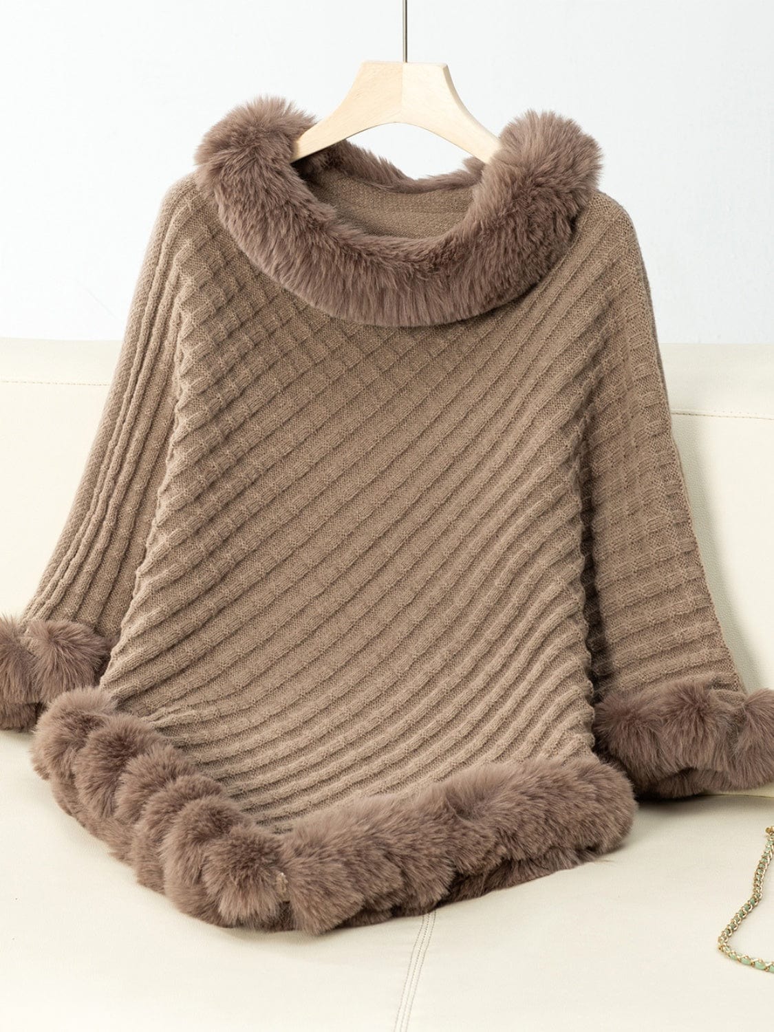 Fuzzy Trim Texture Three-Quarter Sleeve Poncho - Trendsi