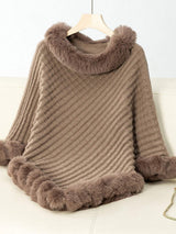 Fuzzy Trim Texture Three-Quarter Sleeve Poncho - Trendsi - Flyclothing LLC