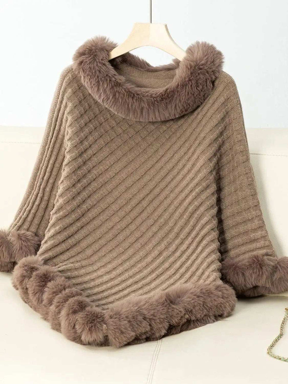 Fuzzy Trim Texture Three-Quarter Sleeve Poncho - Trendsi - Flyclothing LLC