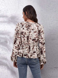 Ruched Printed V-Neck Long Sleeve Blouse - Trendsi - Flyclothing LLC