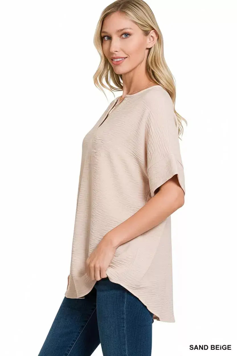 Zenana Woven Airflow Split Neck Short Sleeve Top - Trendsi - Flyclothing LLC
