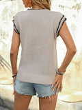 Perfee Contrast Trim Round Neck Cap Sleeve Knit Top - Trendsi
