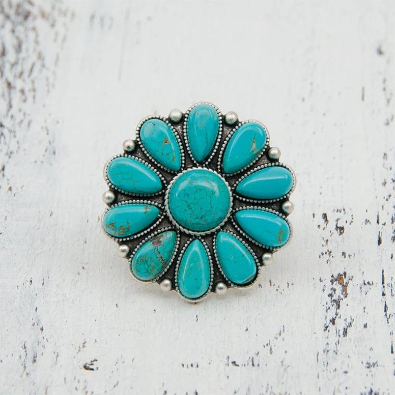 Artificial Turquoise Alloy Flower Ring - Trendsi