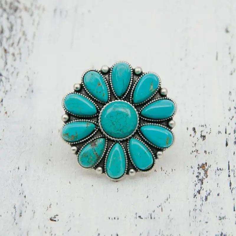 Artificial Turquoise Alloy Flower Ring - Trendsi - Flyclothing LLC