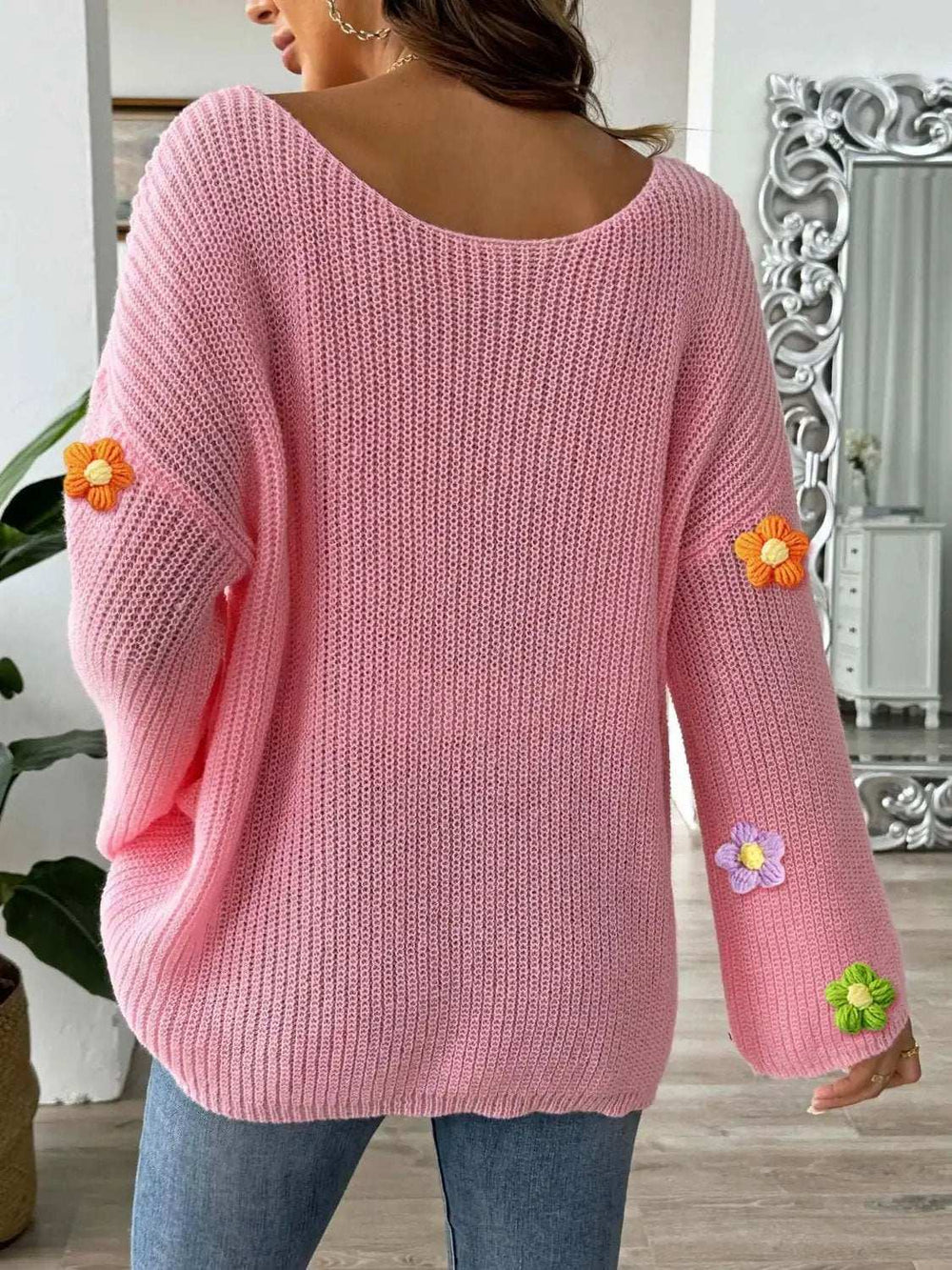 Flower Round Neck Long Sleeve Sweater - Trendsi - Flyclothing LLC