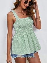 Smocked Plaid Square Neck Tank - Trendsi - Flyclothing LLC
