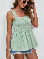 Smocked Plaid Square Neck Tank Trendsi