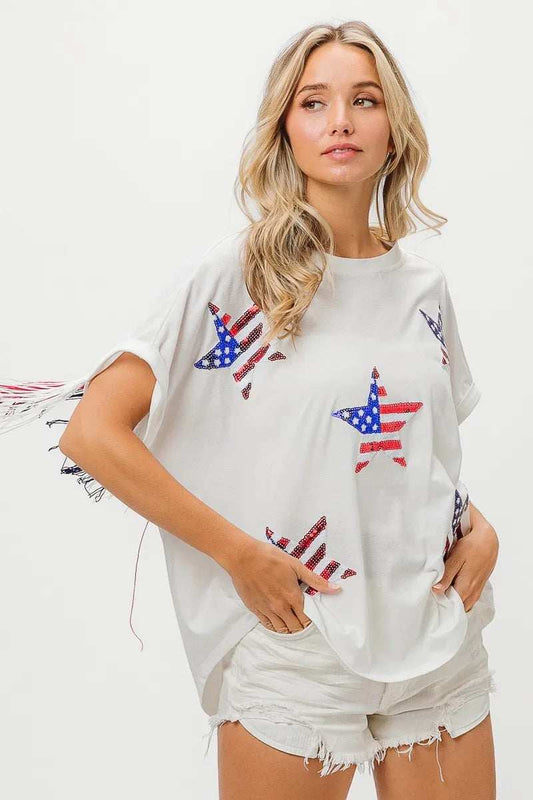 BiBi American Flag Sequin Star Fringe Top - Trendsi - Flyclothing LLC