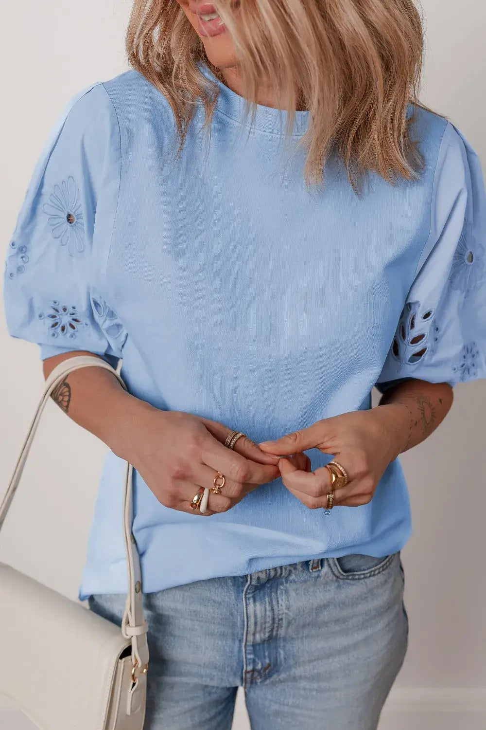 Eyelet Flower Embroidered Puff Short Sleeve Patchwork Crew Neck Blouse - Trendsi - Flyclothing LLC